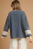 Umgee OVERSIZED French Terry Top with Flower Patch Detail in Denim