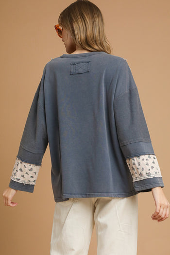 Umgee OVERSIZED French Terry Top with Flower Patch Detail in Denim