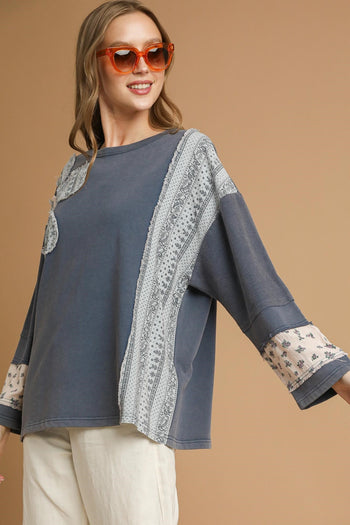Umgee OVERSIZED French Terry Top with Flower Patch Detail in Denim