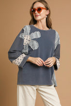 Load image into Gallery viewer, Umgee OVERSIZED French Terry Top with Flower Patch Detail in Denim
