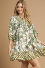 Load image into Gallery viewer, Umgee Contrasting Mixed Print Mini Dress in Sage Mix
