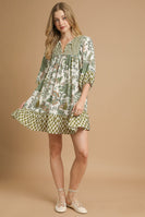 Umgee Contrasting Mixed Print Mini Dress in Sage Mix