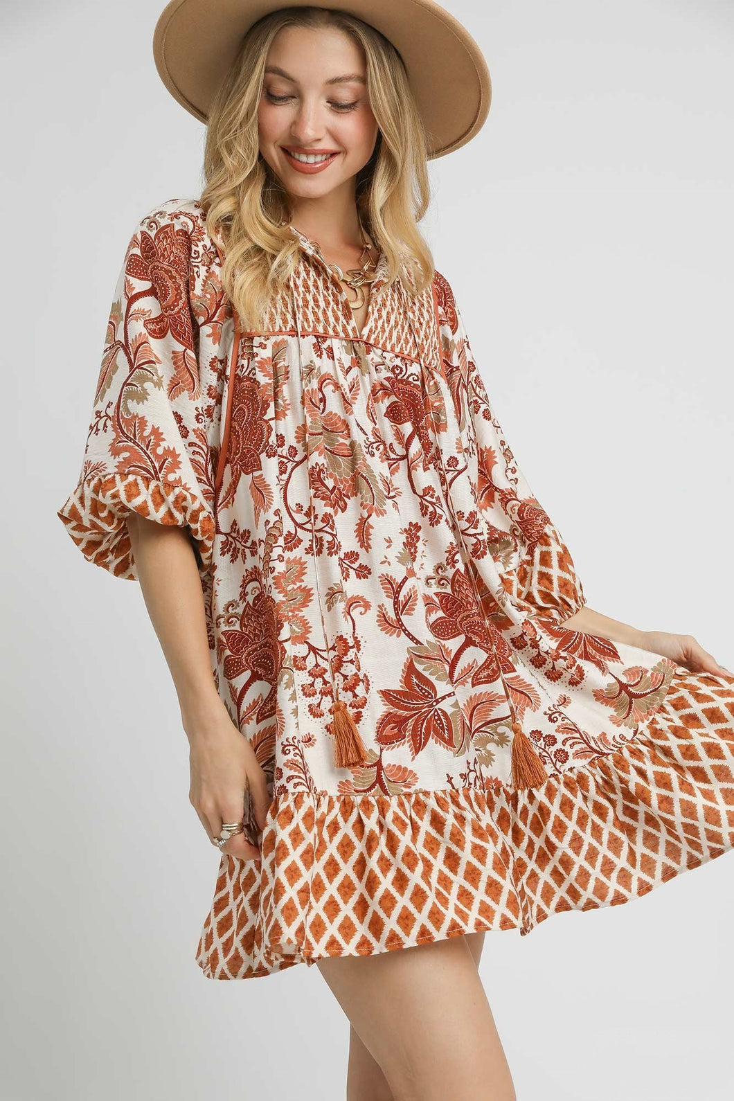 Umgee Contrasting Mixed Print Mini Dress in Rust Mix