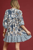 Umgee Contrasting Mixed Print Mini Dress in Blue Mix