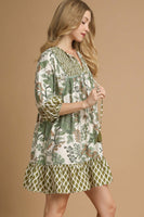 Umgee Contrasting Mixed Print Mini Dress in Sage Mix