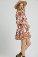 Umgee Contrasting Mixed Print Mini Dress in Rust Mix