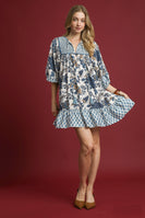 Umgee Contrasting Mixed Print Mini Dress in Blue Mix