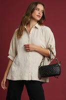 Umgee Solid Color Jacquard Textured Leaf Pattern Top in Champagne