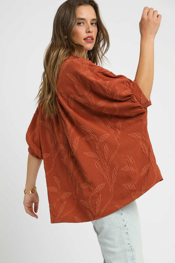 Umgee Solid Color Jacquard Textured Leaf Pattern Top in Rust