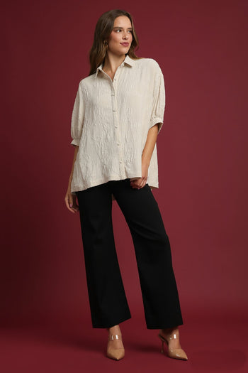 Umgee Solid Color Jacquard Textured Leaf Pattern Top in Champagne