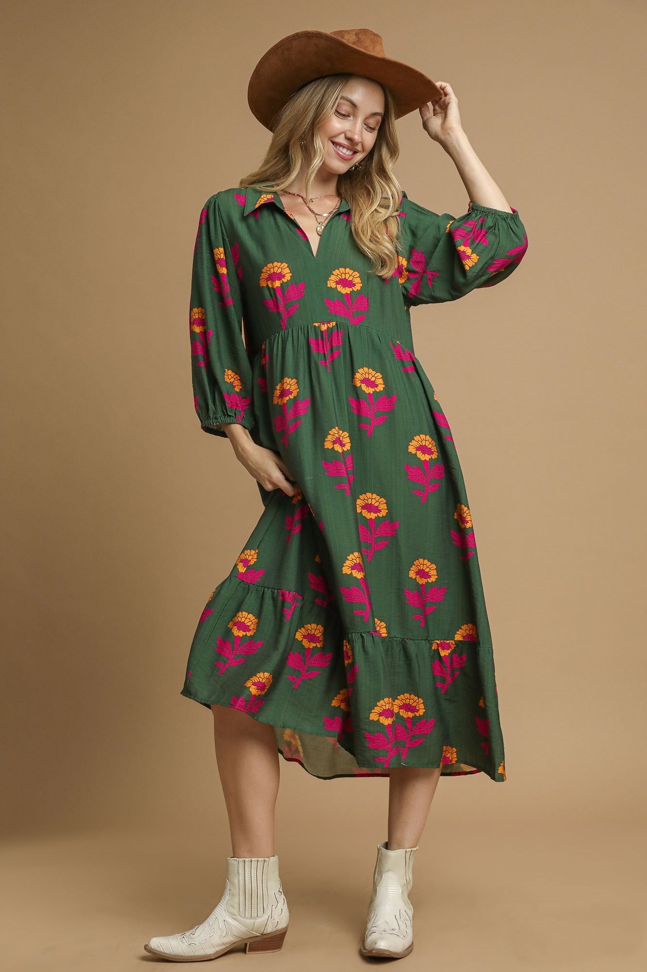 Umgee Floral Print Tiered Maxi Dress in Green Mix S at June Adel