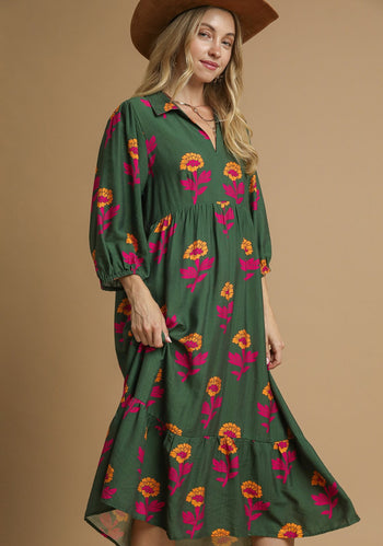 Umgee Floral Print Tiered Maxi Dress in Green Mix S Umgee Floral Print Tiered Maxi Dress in Green Mix S
