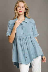 Umgee Mineral Wash Baby Doll Tunic Top in Light Denim