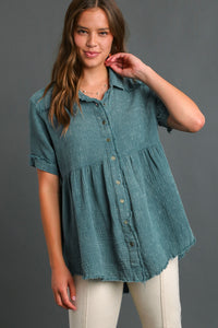 Umgee Mineral Wash Baby Doll Tunic Top in Teal Green Shirts & Tops Umgee   