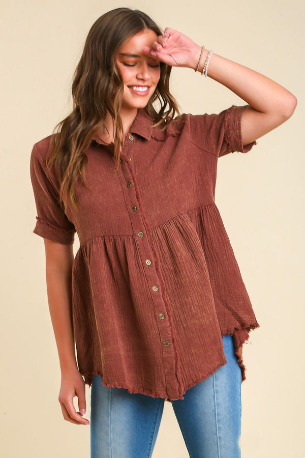 Mineral Washed Linen Button Down Shirt with Frayed Hem in Plus Size by  Umgee Clothing