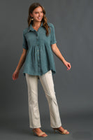 Umgee Mineral Wash Baby Doll Tunic Top in Teal Green Shirts & Tops Umgee   