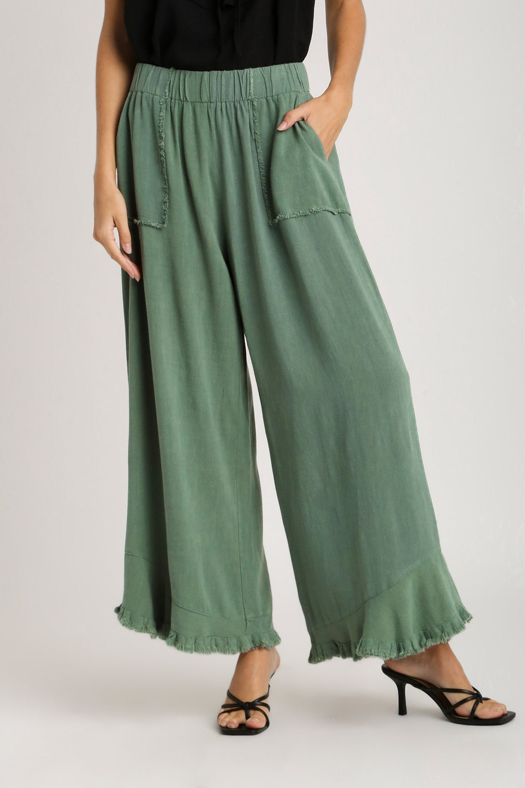 Umgee Solid Color Linen Blend Wide Leg Pants in Lagoon Pants Umgee   