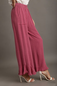 Umgee Solid Color Linen Blend Wide Leg Pants in Berry Pants Umgee   