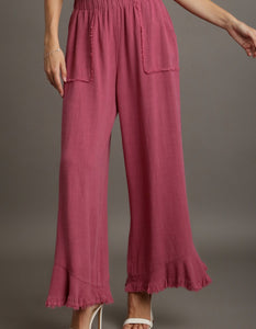Umgee Solid Color Linen Blend Wide Leg Pants in Berry Pants Umgee   