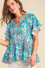 Load image into Gallery viewer, Umgee Mixed Print Split Neck Top in Light Blue Mix Top Umgee   
