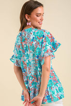 Load image into Gallery viewer, Umgee Mixed Print Split Neck Top in Light Blue Mix Top Umgee   
