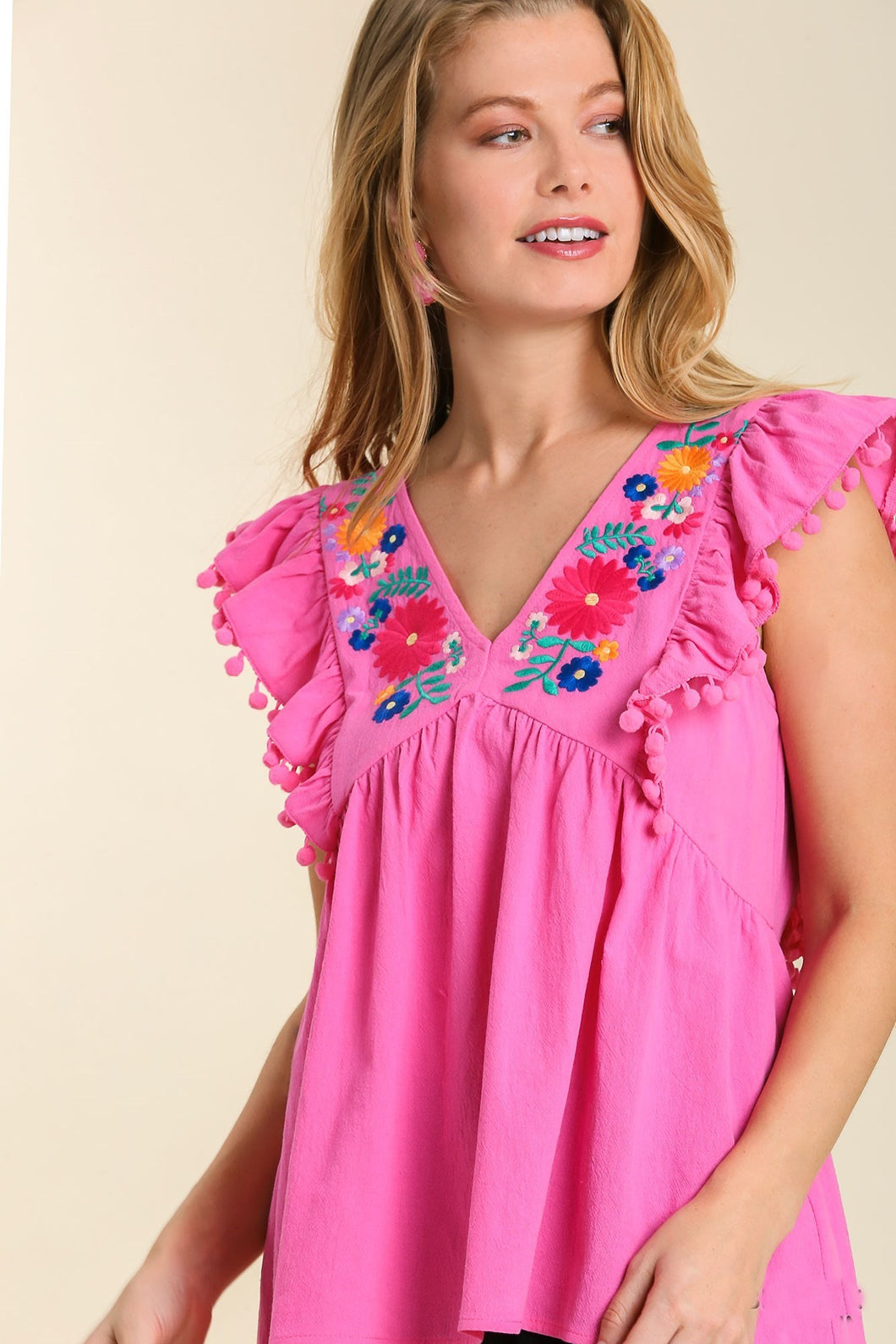 Umgee Floral Embroidery Top with Pom Pom Details in Bubble Pink  Umgee   