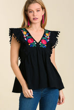 Load image into Gallery viewer, Umgee Floral Embroidery Top with Pom Pom Details in Black  Umgee   
