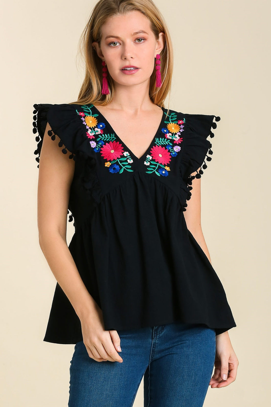 Umgee Floral Embroidery Top with Pom Pom Details in Black  Umgee   