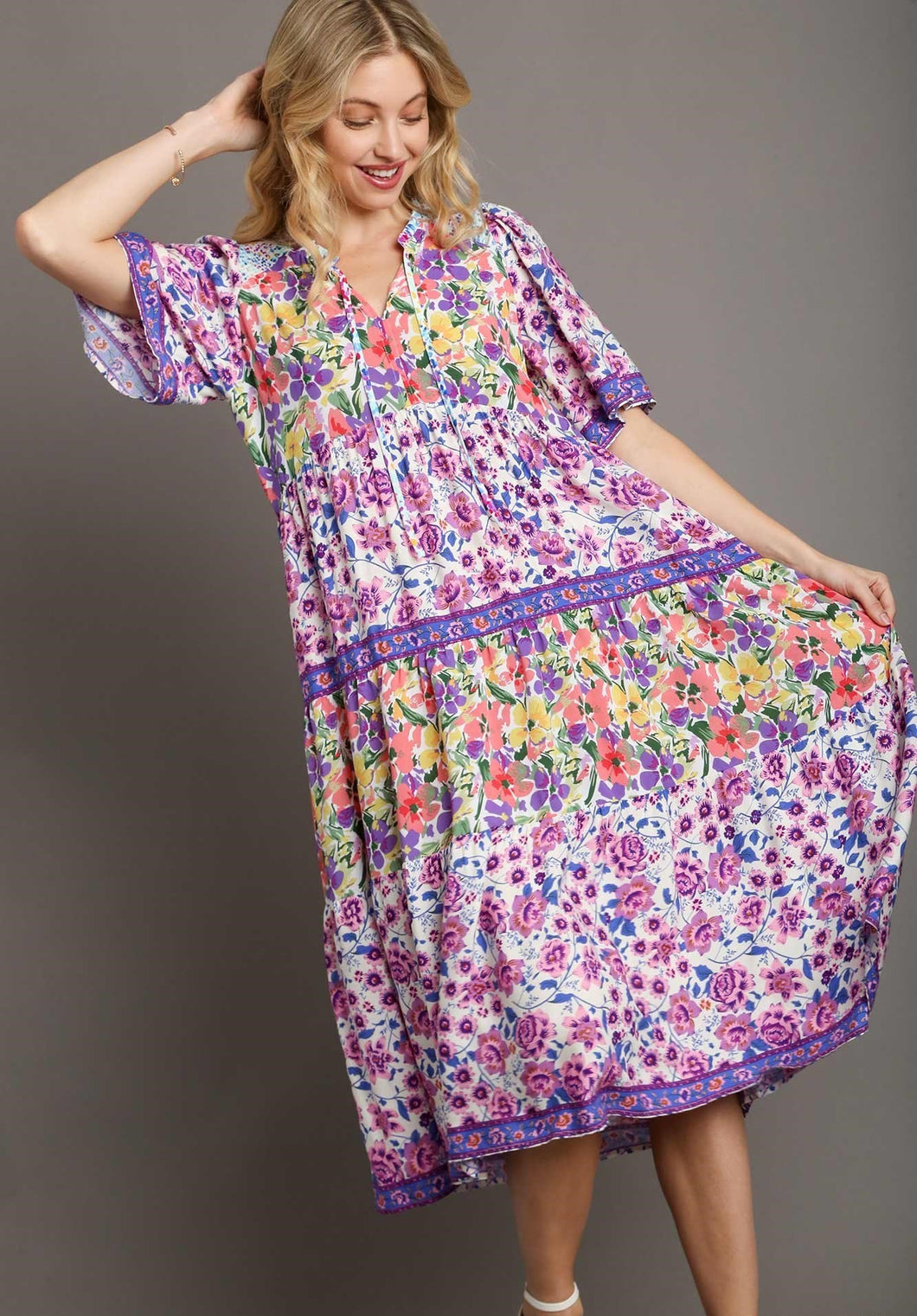 Umgee Mixed Floral Print Round Neck Maxi Dress in Violet Mix Dress Umgee   