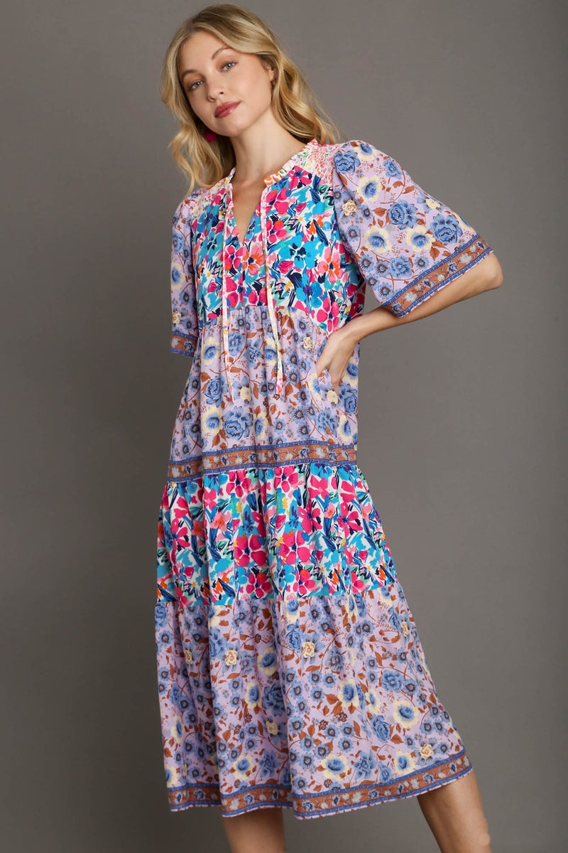 Umgee Mixed Floral Print Round Neck Maxi Dress in Blue Mix – June Adel