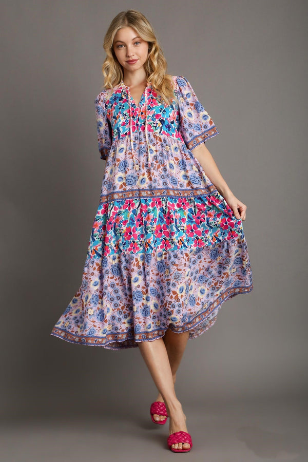 Umgee Mixed Floral Print Round Neck Maxi Dress in Blue Mix ON ORDER Dress Umgee   