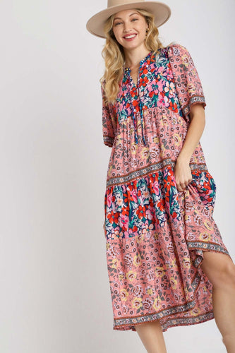 Umgee Mixed Floral Print Round Neck Maxi Dress in Navy Mix ON ORDER Dress Umgee   