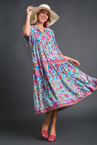 Umgee Mixed Floral Print Round Neck Maxi Dress in Mint Mix Dress Umgee   