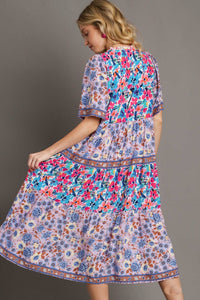 Umgee Mixed Floral Print Round Neck Maxi Dress in Blue Mix Dress Umgee   