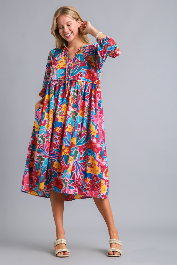 Umgee Floral Peasant Dress in Mulberry Mix ON ORDER Dress Umgee   
