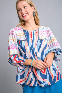 Umgee Mixed Print Top with 3/4 Sleeves and Lace Trim in Teal Mix Top Umgee   