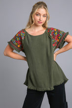 Load image into Gallery viewer, Umgee Embroidery Round Neck Short Sleeve Linen Top in Army Top Umgee   
