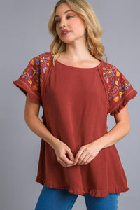Umgee Embroidery Round Neck Short Sleeve Linen Top in Red Brown Top Umgee   