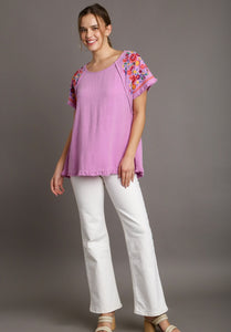 Umgee Embroidery Round Neck Short Sleeve Linen Top in Pink Mauve Top Umgee   
