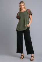 Load image into Gallery viewer, Umgee Embroidery Round Neck Short Sleeve Linen Top in Army Top Umgee   
