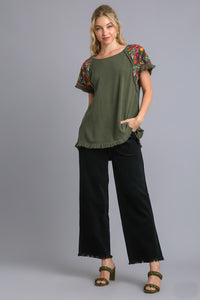 Umgee Embroidery Round Neck Short Sleeve Linen Top in Army Top Umgee   
