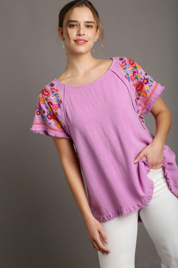 Umgee Embroidery Round Neck Short Sleeve Linen Top in Pink Mauve Top Umgee   