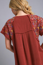 Load image into Gallery viewer, Umgee Embroidery Round Neck Short Sleeve Linen Top in Red Brown Top Umgee   
