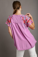 Load image into Gallery viewer, Umgee Embroidery Round Neck Short Sleeve Linen Top in Pink Mauve Top Umgee   
