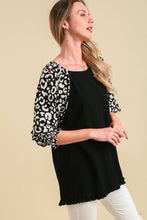 Load image into Gallery viewer, Umgee Linen Blend Top with Animal Print Sleeves in Black Shirts &amp; Tops Umgee   
