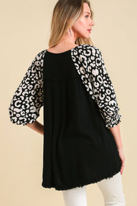 Umgee Linen Blend Top with Animal Print Sleeves in Black Shirts & Tops Umgee   
