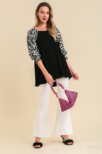 Umgee Linen Blend Top with Animal Print Sleeves in Black Shirts & Tops Umgee   
