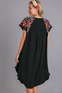 Umgee Linen Short Sleeve Embroidery Dress in Black Dress Umgee   