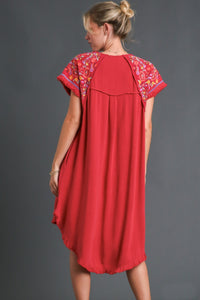 Umgee Linen Short Sleeve Embroidery Dress in Scarlet Dress Umgee   