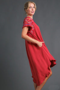 Umgee Linen Short Sleeve Embroidery Dress in Scarlet Dress Umgee   